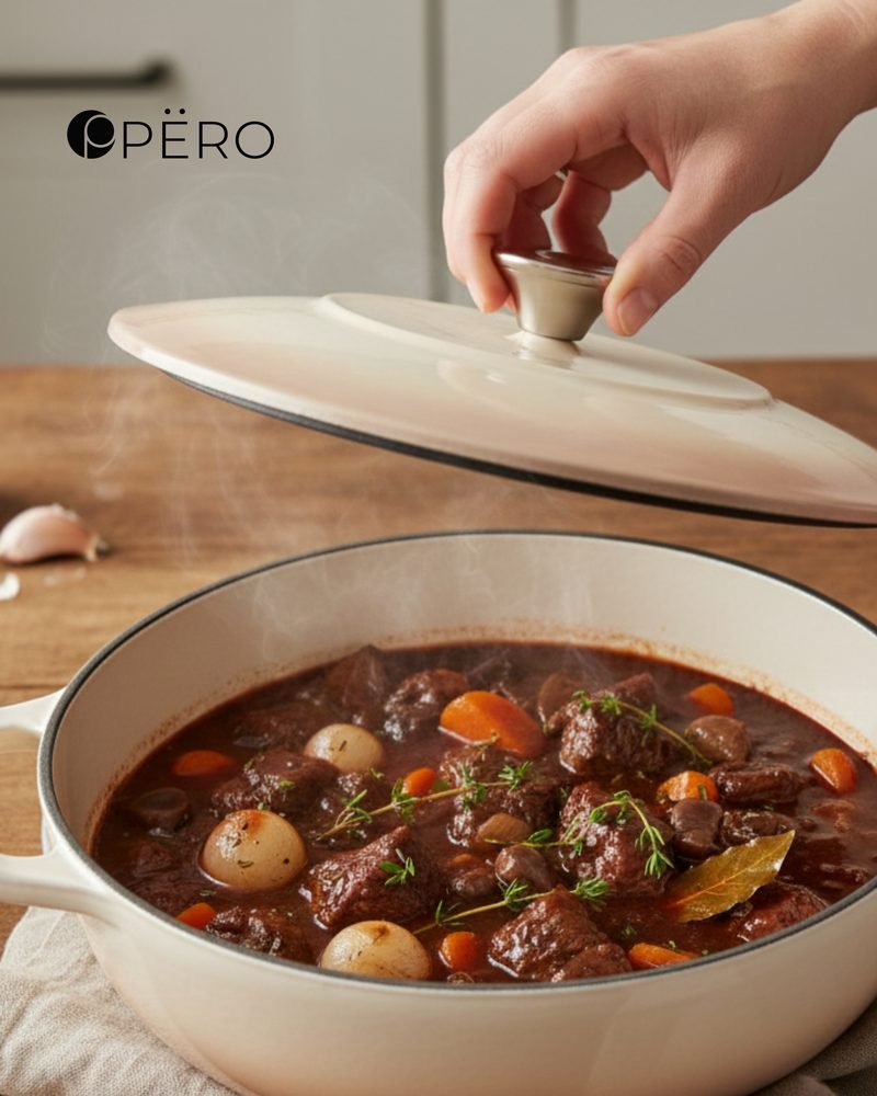 Casserole dangkal PËRO Chiffon warna krem berisi semur daging, tutupnya sedang diangkat