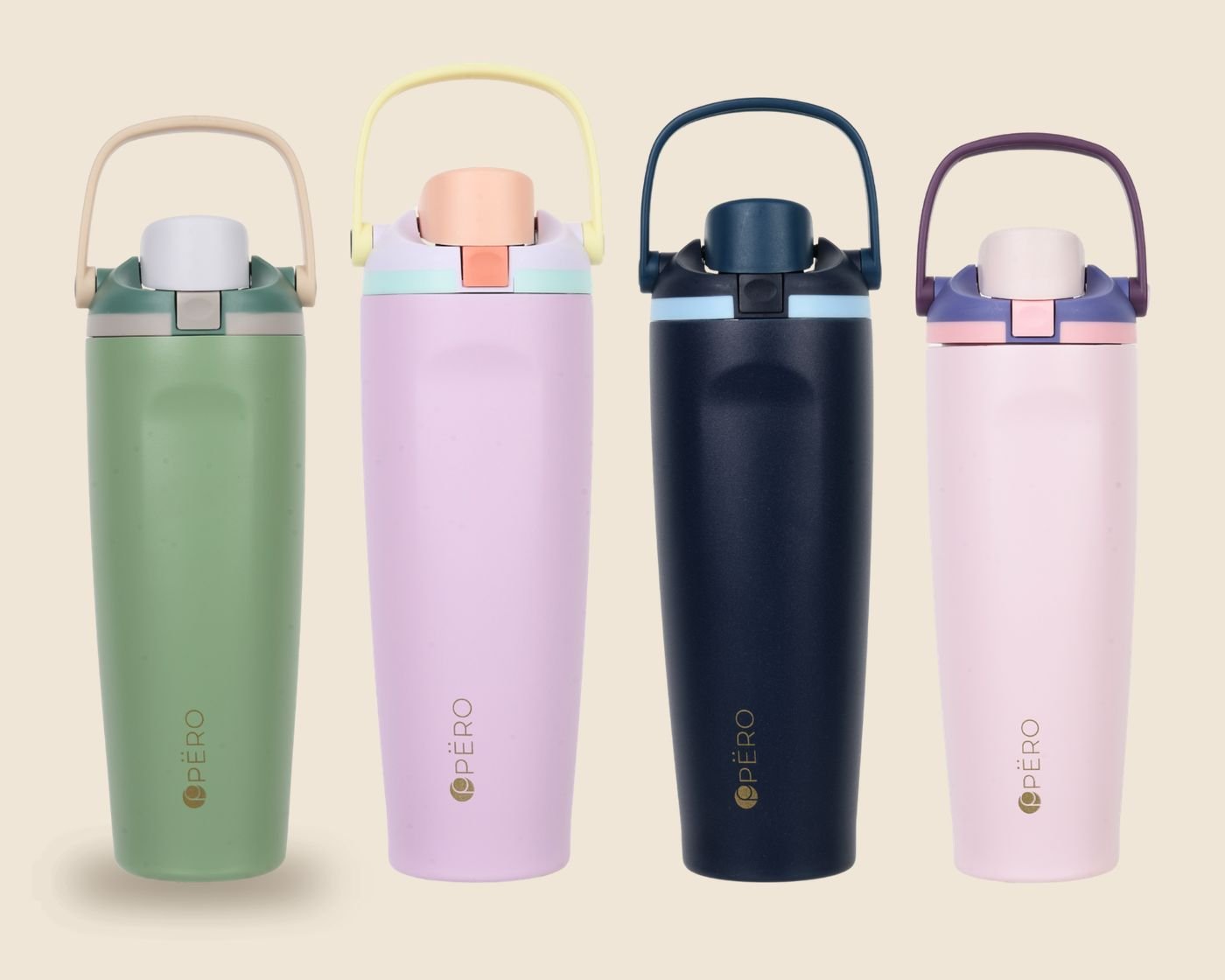 Empat tumbler PËRO Tara warna hijau, pink, navy, dan lilac