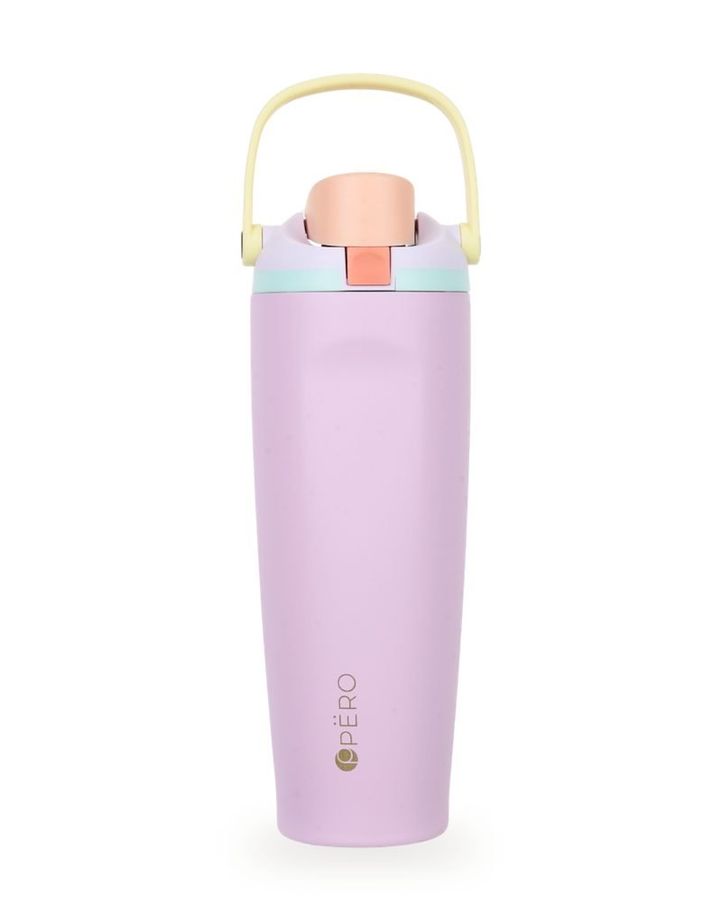 Tumbler PËRO Tara warna pink dengan pegangan kuning